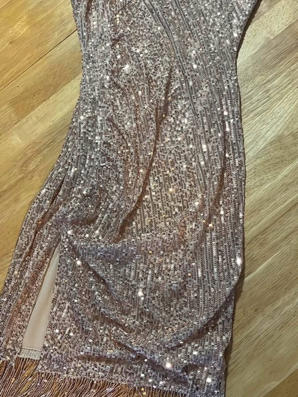 Rose Gold Sequin Midi Dress with Fringe Hem